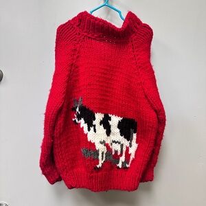 Vintage Handmade Knit Dairy Cow Zip-Up Sweater